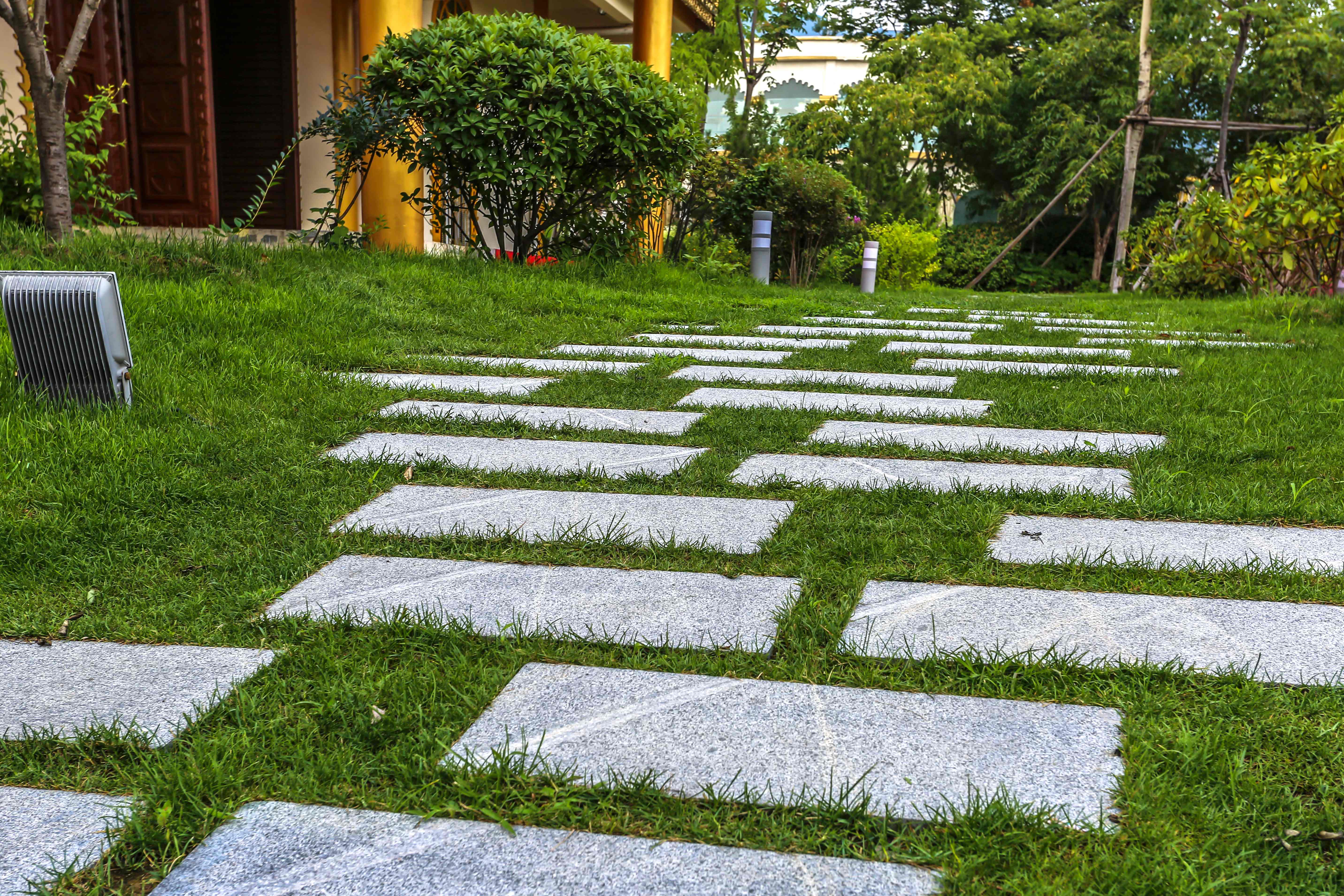 Beautiful stone pathway through landscaped garden